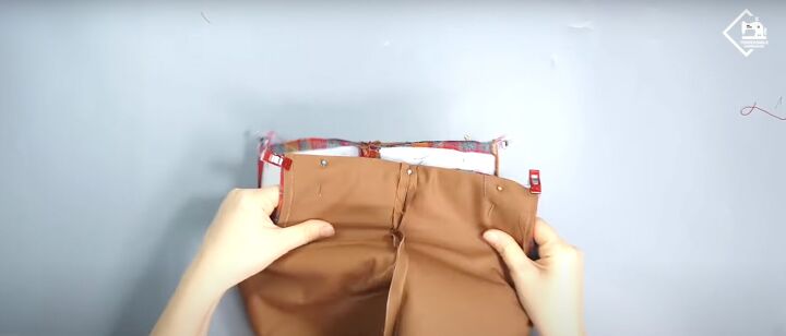 how to sew a cute plaid purse perfect for fall and winter, Pinning the top of the purse ready to sew
