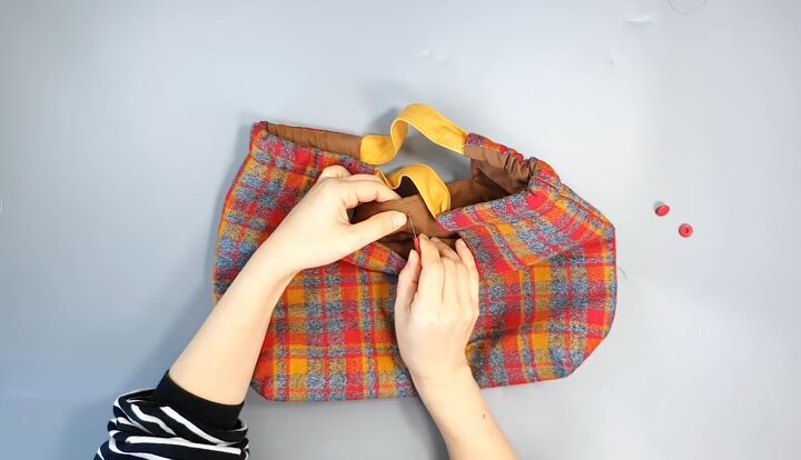how to sew a cute plaid purse perfect for fall and winter, Attaching button snaps