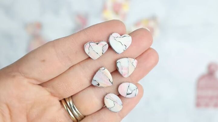 how to make cute earrings using the polymer clay watercolor technique, DIY polymer clay post earrings