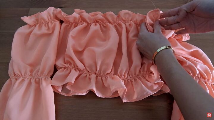 how to make a cute diy off the shoulder top out of an old flowy skirt, Attaching the sleeves to the top