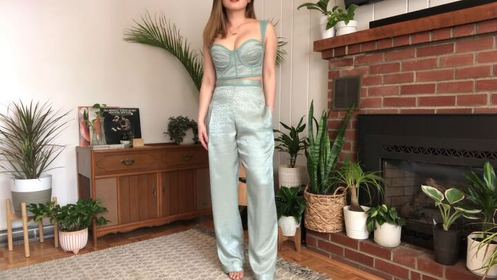 how to make a sexy bustier top pants set out of old silk pajamas, How to make a bustier top and pants