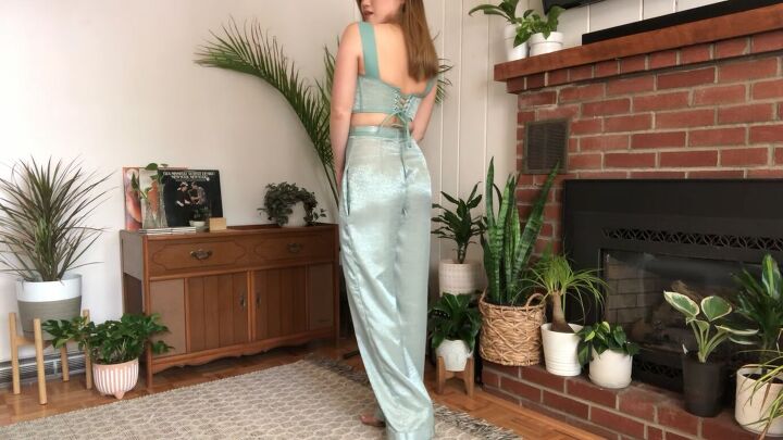 how to make a sexy bustier top pants set out of old silk pajamas, DIY bustier top and matching pants