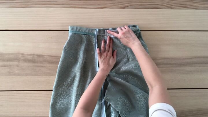 how to make a sexy bustier top pants set out of old silk pajamas, Folding the waistband over the invisible zipper