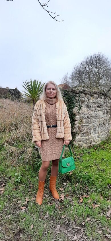 three knitted dresses styling ideas, Brown with a splash of green