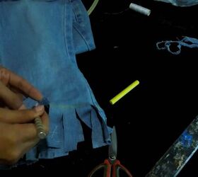 2 fun ways to refashion clothes diy cold shoulder top fringe jeans, Making the fringe