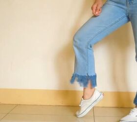 2 fun ways to refashion clothes diy cold shoulder top fringe jeans, DIY fringe jeans