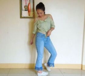 2 fun ways to refashion clothes diy cold shoulder top fringe jeans, Clothing DIY and refashion ideas