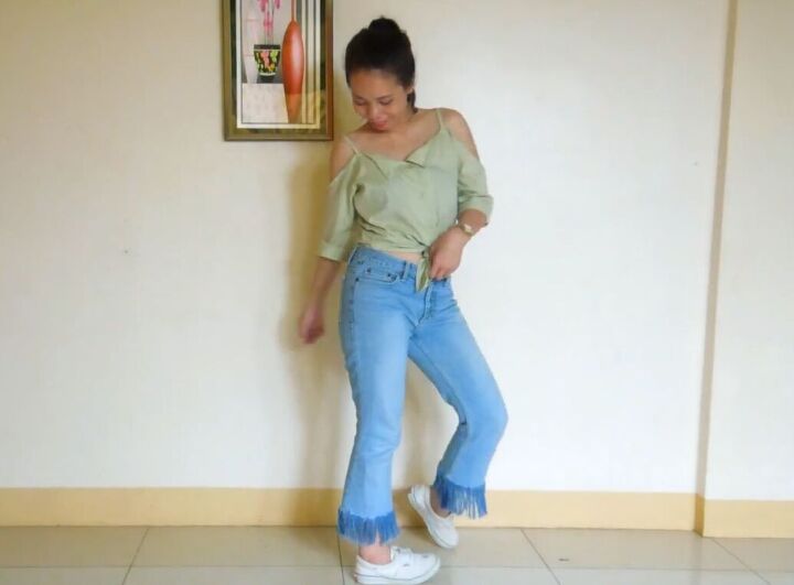 2 fun ways to refashion clothes diy cold shoulder top fringe jeans, Clothing DIY and refashion ideas
