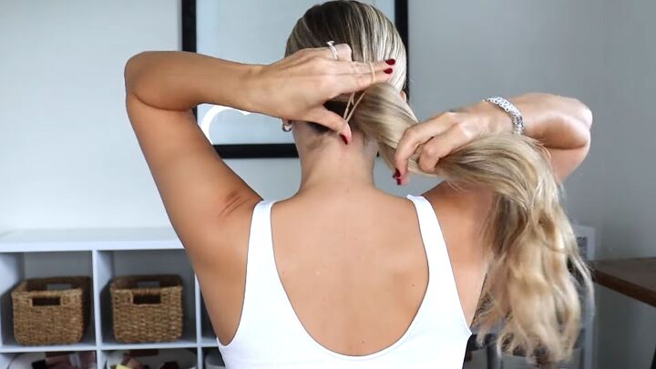 how to create a cute low bun updo in minutes easy tiktok hack, Tying hair into a ponytail