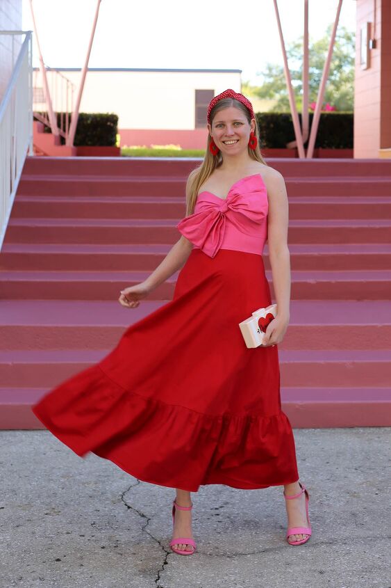 pink and red colorblock bow dress