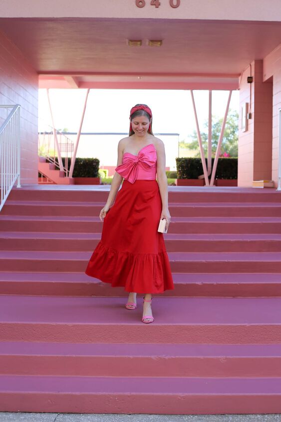 pink and red colorblock bow dress
