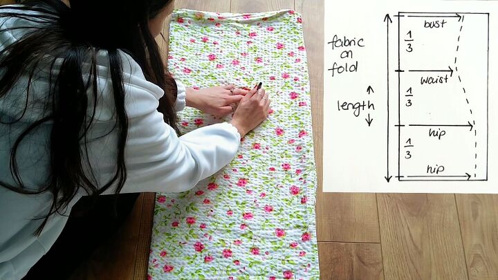 how to make a shirred dress with puff sleeves out of old pillowcases, Marking the waist on the fabric