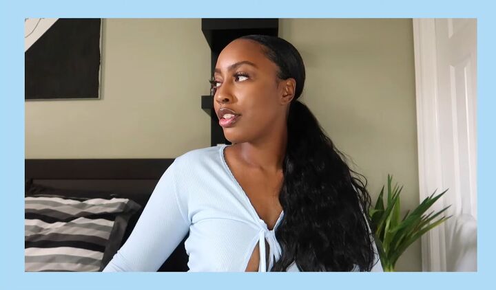 how to do a simple sleek low ponytail with a weave on natural hair, Sleek low curly ponytail with a weave