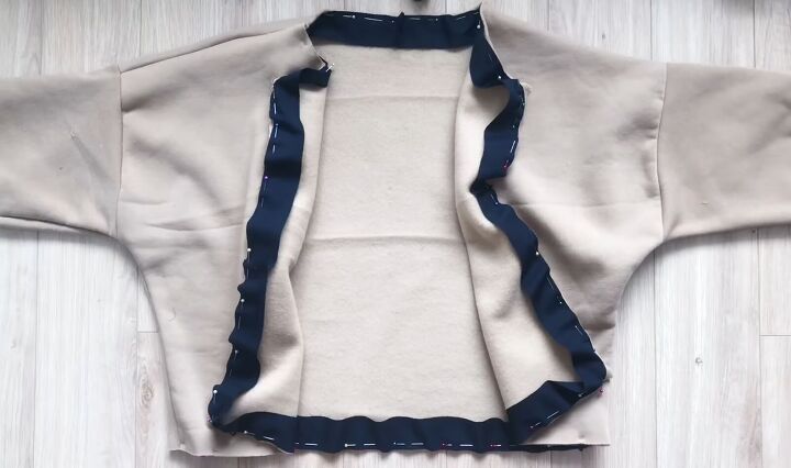 how to make a diy chanel inspired suit out of a long hoodie, Sewing the jacket bias binding