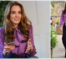 how to recreate kate middleton s work outfits dress like a royal, Kate wearing a purple pussy bow blouse
