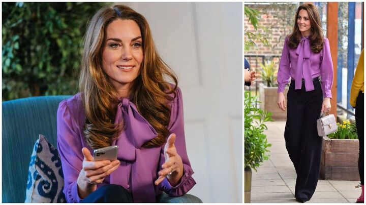 how to recreate kate middleton s work outfits dress like a royal, Kate wearing a purple pussy bow blouse