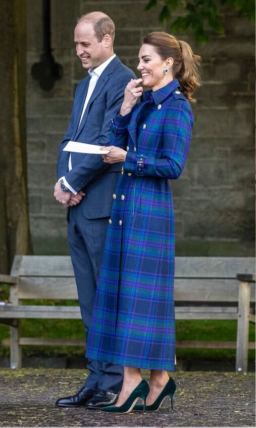 how to recreate kate middleton s work outfits dress like a royal, Kate Middleton wearing a blue tartan coat