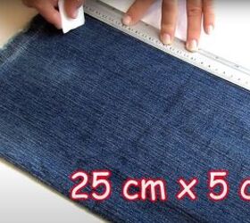 how to make cute diy denim bracelets cuffs out of old jeans, Measuring the denim for the flowers
