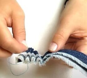 how to make cute diy denim bracelets cuffs out of old jeans, Creating little ruffled folds in the denim