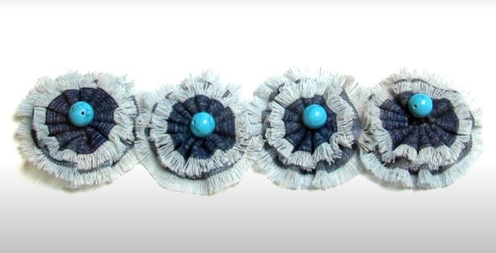 how to make cute diy denim bracelets cuffs out of old jeans, DIY denim flowers with beads in the center