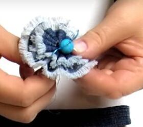 how to make cute diy denim bracelets cuffs out of old jeans, Attaching the flowers to the DIY denim cuff