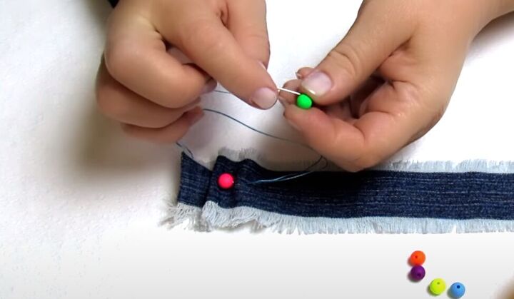 how to make cute diy denim bracelets cuffs out of old jeans, How to make a denim wrap bracelet with beads