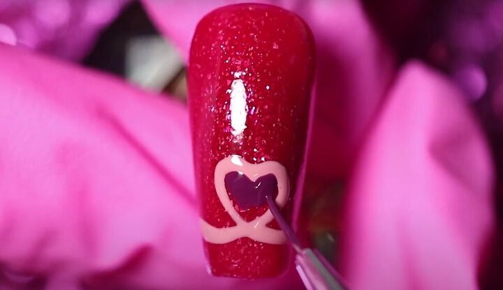 how to do adorable red purple and pink valentine s day nails, Valentine s Day heart nails