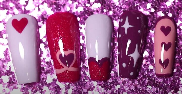 how to do adorable red purple and pink valentine s day nails, Red purple and pink Valentine s nails