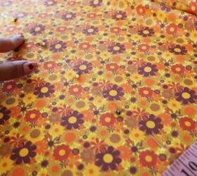 how to make a 1970s inspired diy crop top skirt without a pattern, Fabric with yellow orange and brown print