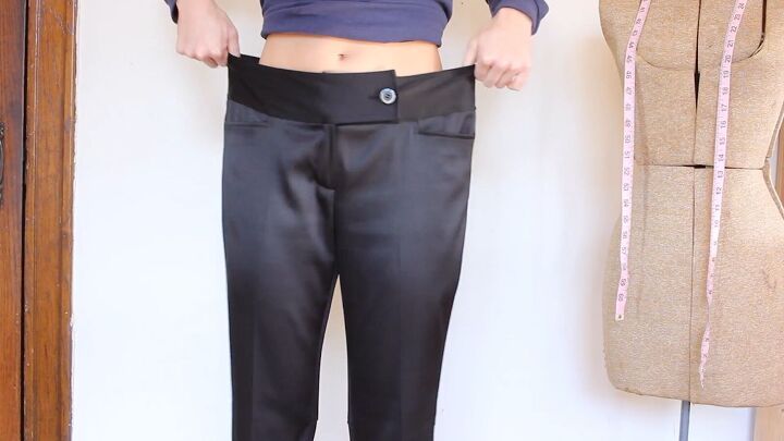 how to make diy tuxedo pants with an edgy denim stripe, Oversized DIY tuxedo pants before alterations
