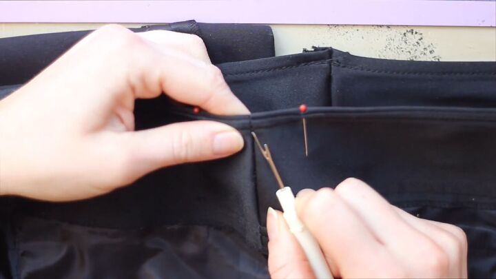 how to make diy tuxedo pants with an edgy denim stripe, Seam ripping pants at the waistband