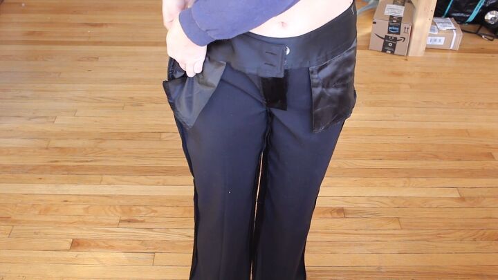 how to make diy tuxedo pants with an edgy denim stripe, Taking in tuxedo pants