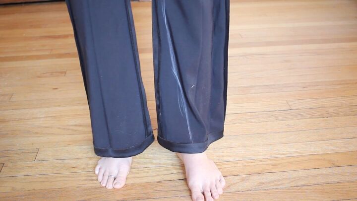 how to make diy tuxedo pants with an edgy denim stripe, Taking in the tuxedo pant legs