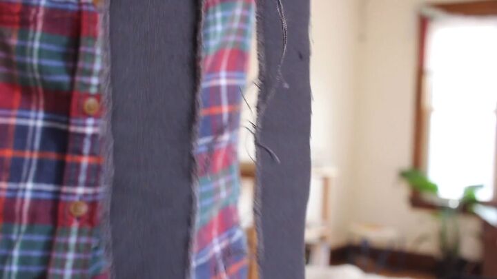 how to make diy tuxedo pants with an edgy denim stripe, Tearing strips from denim fabric