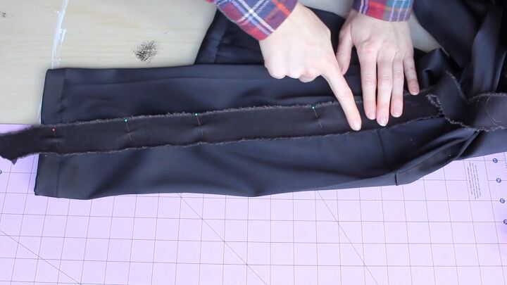 how to make diy tuxedo pants with an edgy denim stripe, Sewing the tuxedo stripe to the pant leg