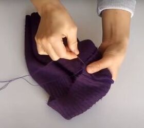 how to make a glove scarf beanie set out of an old knit dress, Hand sewing the beanie hat