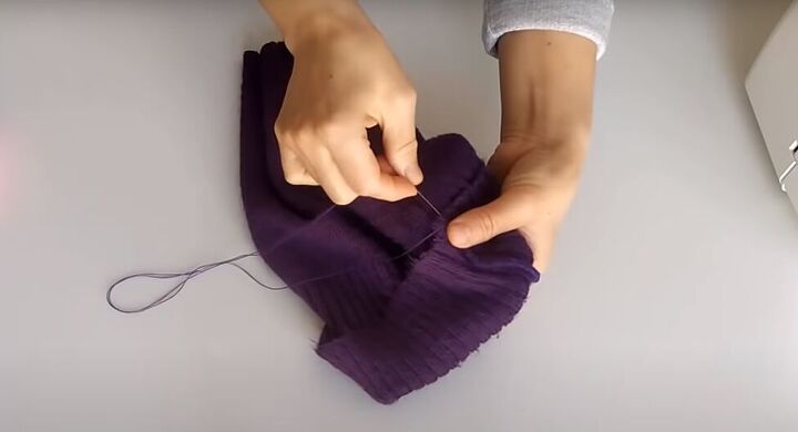 how to make a glove scarf beanie set out of an old knit dress, Hand sewing the beanie hat