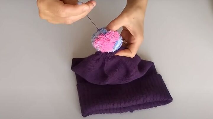 how to make a glove scarf beanie set out of an old knit dress, How to make a pompom