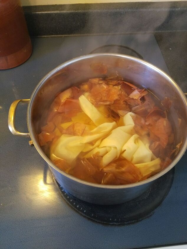 how to dye fabric with onion skins, Simmer fabric over low heat stirring often and watching the whole time
