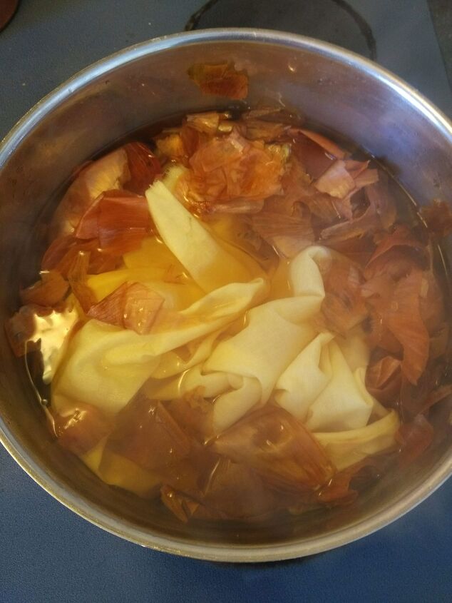 how to dye fabric with onion skins, Fabric simmering in the dye bath