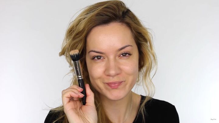 how to create a cool pink eye lip makeup look for valentines day, Applying foundation with a duo fiber brush