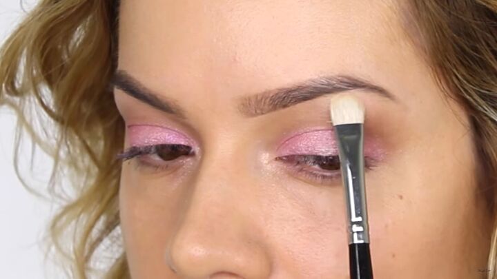 how to create a cool pink eye lip makeup look for valentines day, Applying light eyeshadow to the brow bone