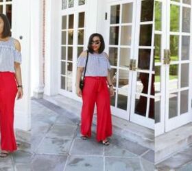 6 cute romantic valentines day outfit ideas featuring the color red, Red palazzo pants with a cold shoulder top
