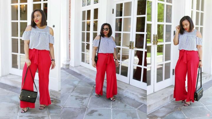 6 cute romantic valentines day outfit ideas featuring the color red, Red palazzo pants with a cold shoulder top