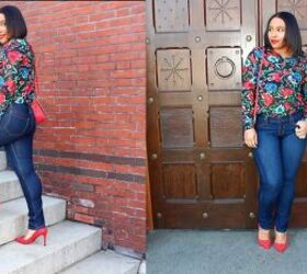 6 cute romantic valentines day outfit ideas featuring the color red, Floral blouse with jeans and red accessories