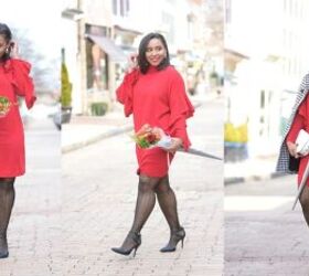 6 cute romantic valentines day outfit ideas featuring the color red, Red ruffle sleeve dress and polka dot stockings