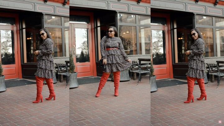 6 cute romantic valentines day outfit ideas featuring the color red, Red over the knee boots with a floral ruffle dress