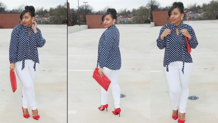 6 cute romantic valentines day outfit ideas featuring the color red, White jeans blue polka dot top and red accessories