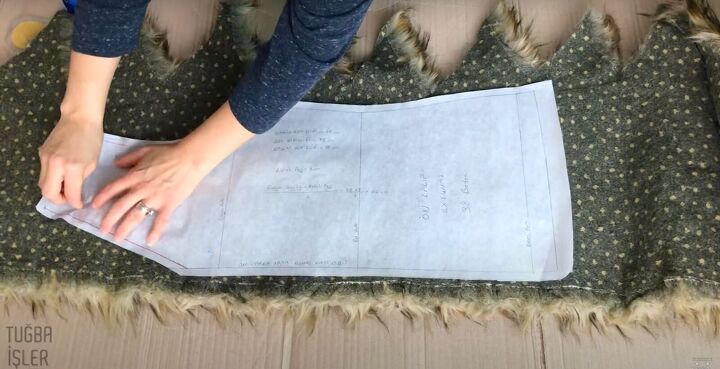 how to make a faux fur vest pattern sewing tips detailed tutorial, Laying the pattern on the faux fur fabric