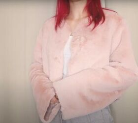 how to make a super cute diy faux fur coat for snowy winter days, Trying on the faux fur coat to gauge the fit